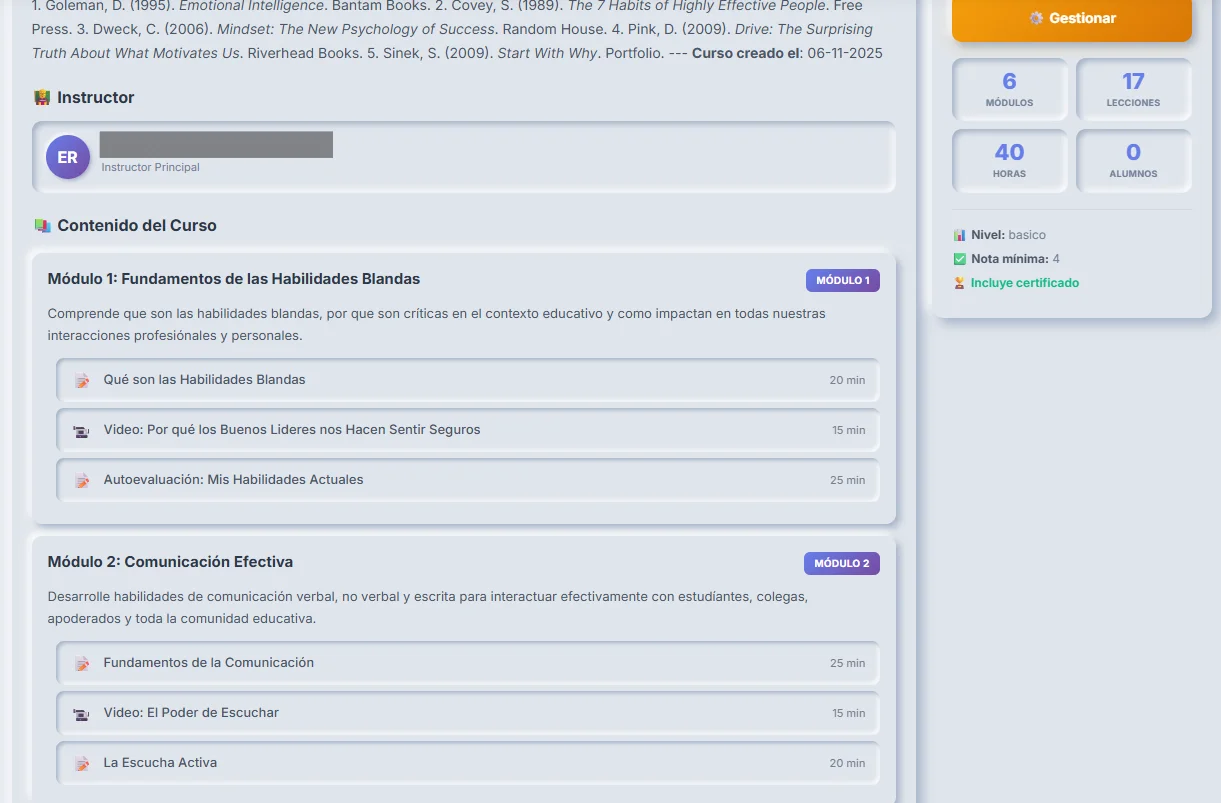 Cursos Online Suite - Panel de administración con estadísticas de cursos y certificaciones