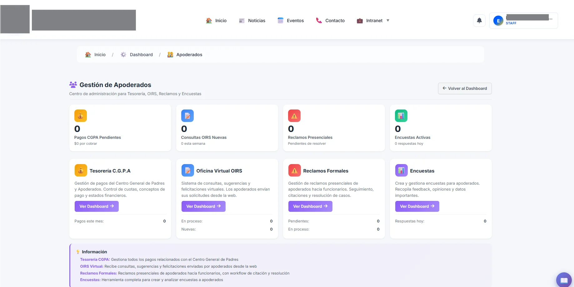 EduRun - Panel administrativo de colegio con gestión de matrículas, calificaciones y asistencia