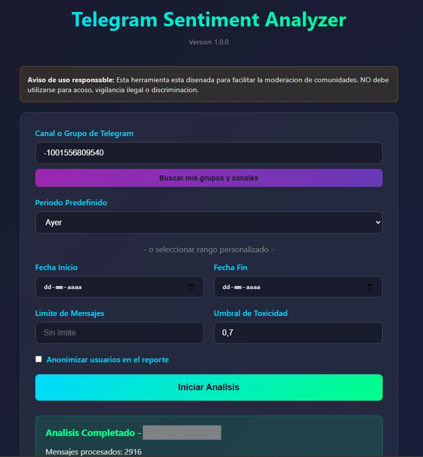 SentimientoTLG - Configuración de alertas y moderación automática de grupos de Telegram